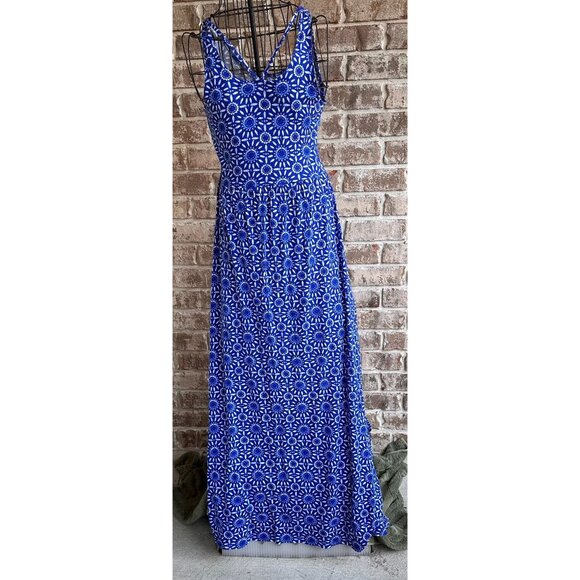 SO Maxi Dress Girls Sz M Blue White Floral Sleeveless Strappy Front Side Slits - Picture 3 of 12